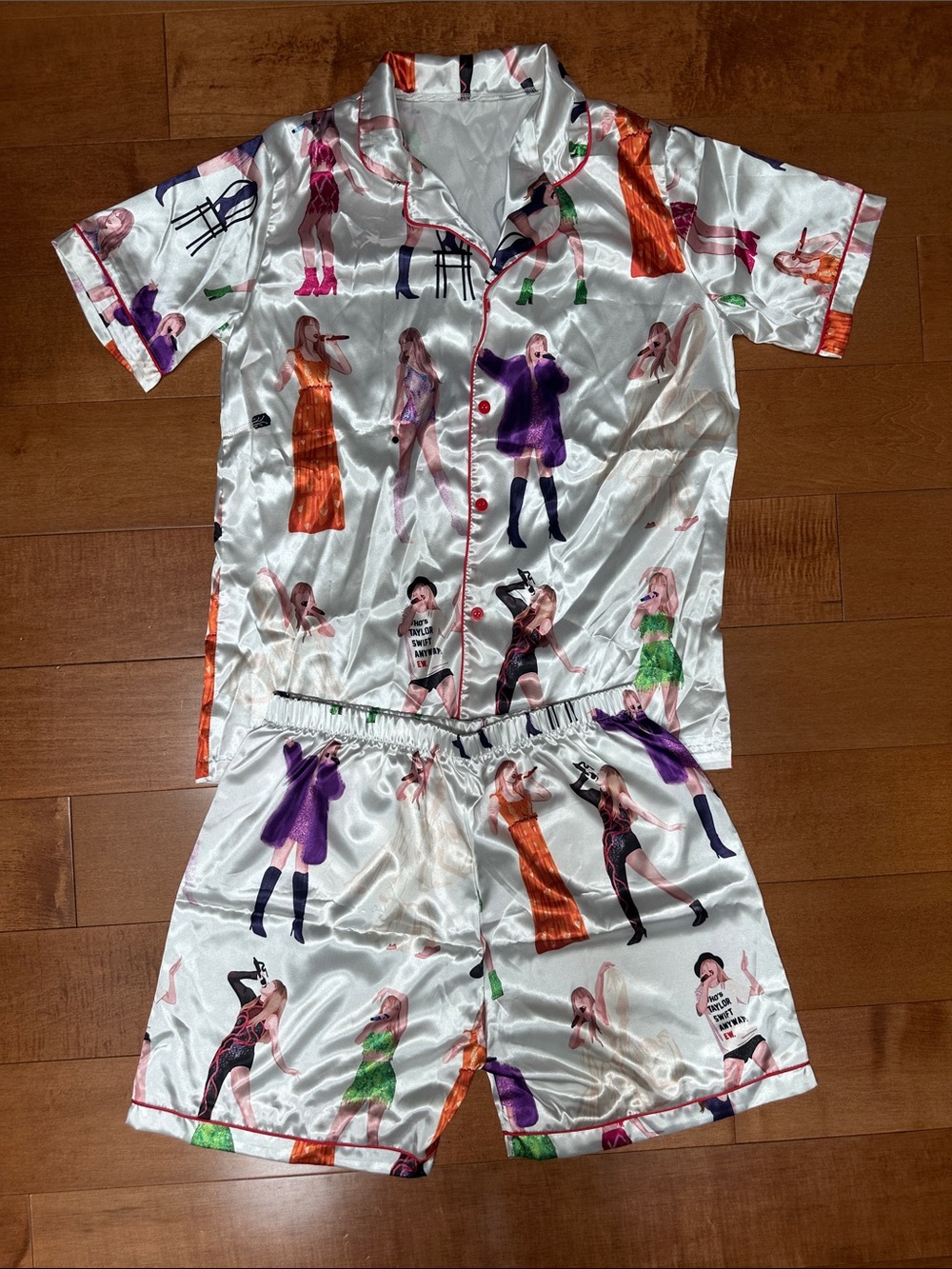 Taylor Swift Satin Pajama Set with Colorful Eras Tour Outfit Print